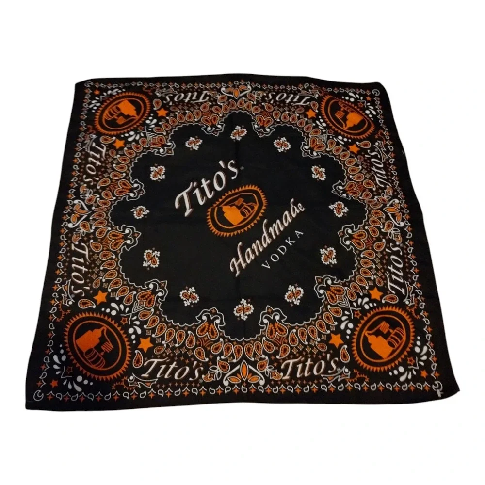 Tito's Handmade Vodka Paisley Square Bandana Handkerchief Scarf Black Orange